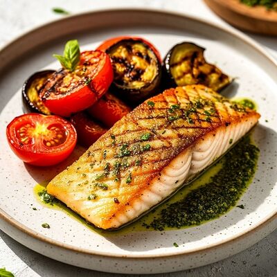 Филе судака с печеными овощами и соусом Песто в Банхоф по цене 995 ₽