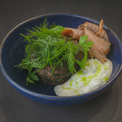 Оладьи из цукини с соусом дзадзыки и пастрами в Tehnikum по цене 640 ₽