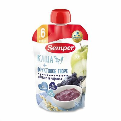 Пюре фруктово-зерновое Semper Яблочно-черничное с кашей с 6 месяцев Испания в Азбука Вкуса Экспресс Меню по цене 136 ₽