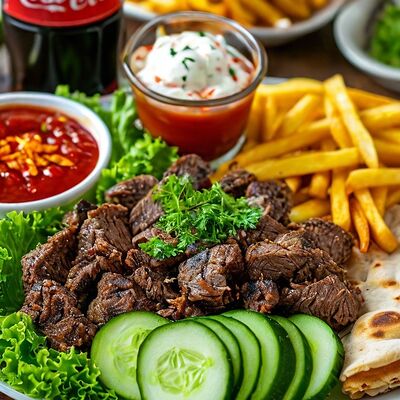 Комбо с шаурмой на тарелке с говядиной и напиткомв Отличный вкус Шаурма и Чебуреки по цене 1600 ₽