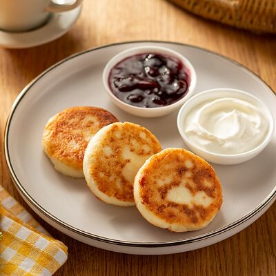 Сырники со сметаной и вишневым вареньем в Пока горячее по цене 360 ₽