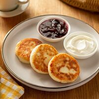 Сырники со сметаной и вишневым вареньем в Пока горячее