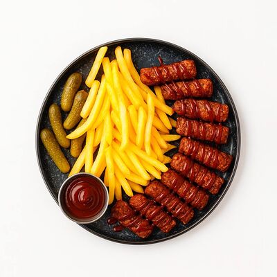 Чевапчичи с картошкой фри и маринованными корнишонами с соусом барбекюв АБАРмот по цене 900 ₽