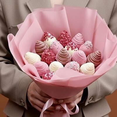 Букет Розовое сердце (19 шт.)в Luna-Клубника в шоколаде по цене 3990 ₽