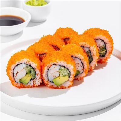 Ролл Калифорния с тигровой креветкой в икре в SeabasSushi по цене 1290 ₽