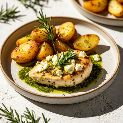 Филе куриной грудки с сыром Фета и картофелем по-деревенски в Банхоф по цене 795 ₽