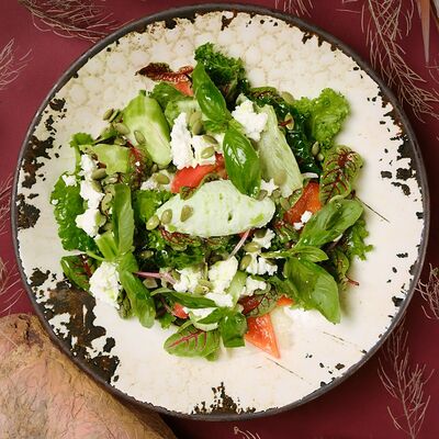 Овощной салат с брынзой и кремом из щавеля в Zanzibar по цене 760 ₽