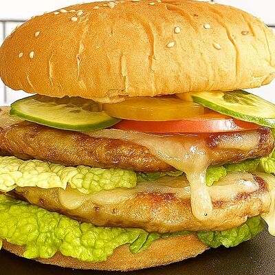 Бургер с говяжей и куриной котлетами в Еда-Огонь по цене 850 ₽