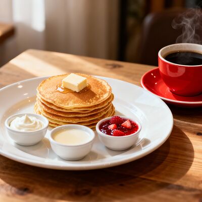 Блины с маслом, сметаной, сгущенным молоком и клубничным соусом + Напиток на выбор в Travelers Coffee по цене 715 ₽