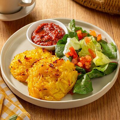 Драники с кетчупом и салатными листьями в Пока горячее по цене 410 ₽