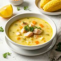 Уха с мурманским лососем, овощами и сливками в Банхоф