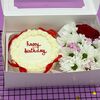 Бенто-торт Happy Birthday с красными бантиками и букетик цветов на День рождения в Cosmo Сakery по цене 3500