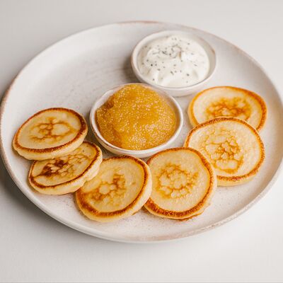 Икра щуки с домашней сметаной и пшеничными оладьямив Круча по цене 1350 ₽