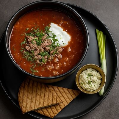Борщ с говядиной и кручёным салом в CAFE BAZAR по цене 550 ₽