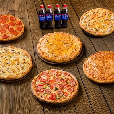 Сет в офис 6 пицц и Evervess Cola 4 бутылки(0,5) на 7-10 человек в Pizzaburger по цене 8927 ₽
