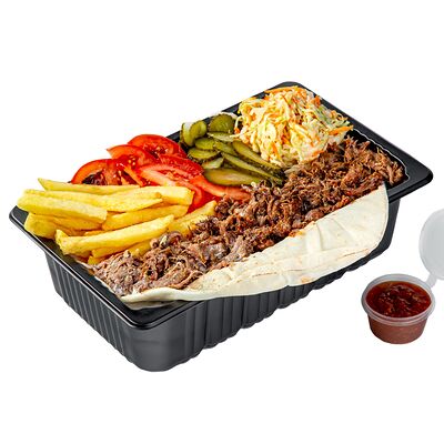 Шаурма с говядиной на тарелке в Сирийская шаурма по цене 995 ₽