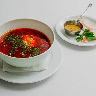 Борщ с говядиной и салом в Камелот по цене 300 ₽