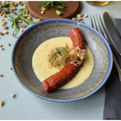 Баварская колбаска с муссом и капустой в В Питере пить по цене 870 ₽