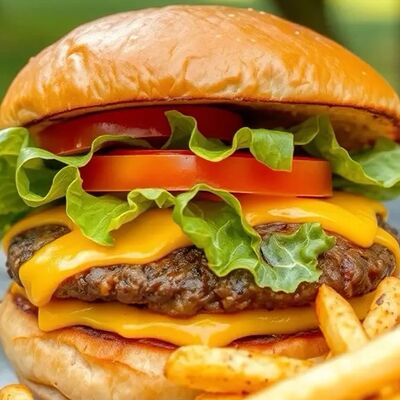 Бургер с мраморной говядиной и картошкой фри в Corn dog dagestan по цене 650 ₽