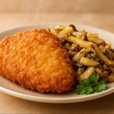 Отбивная куриная с картофелем и жареными с грибами в Хлебница по цене 253 ₽