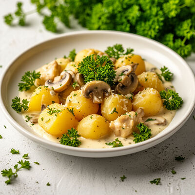 Куриная грудка с грибами, сыром и картофелем в сливочном соусе в Банхоф по цене 299 ₽