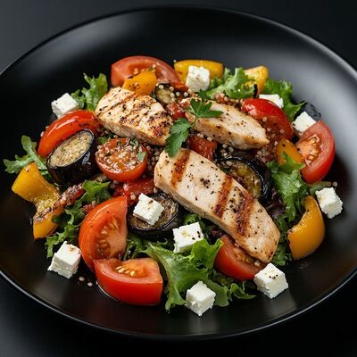 Теплый салат с запеченными овощами, куриной грудкой и брынзой в Бизон по цене 545 ₽