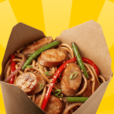 Wok с охотничьими колбасками в Горчица по цене 411 ₽