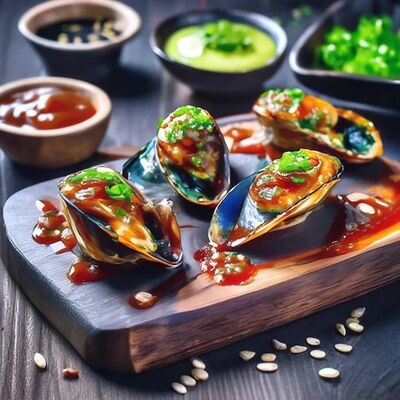 Запеченные мидии с спайси соусе в PANDA FOOD по цене 480 ₽