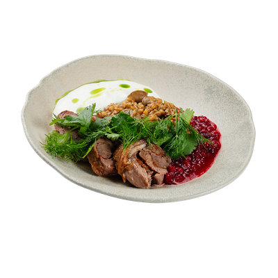 Томленая баранина с полбой, грибами и брусникой в ИТЛЕ Стейк-кафе Halal по цене 1090 ₽