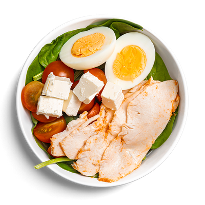 Утренний боул с курицей, свежим шпинатом и яйцом в Кухня на районе по цене 279 ₽