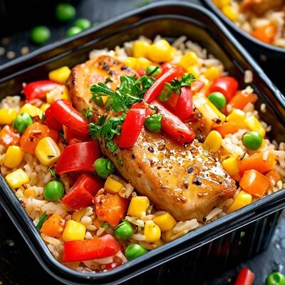 Куриное филе с рисом и овощами в Ками cafe club по цене 539 ₽