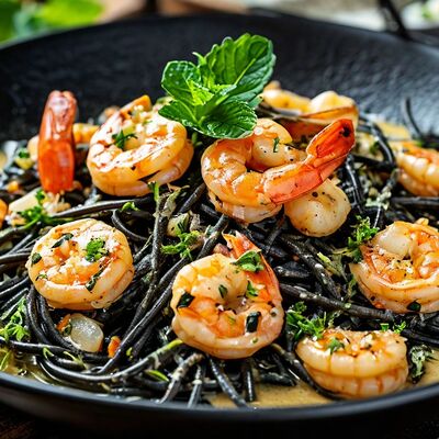 Паста неро с морепродуктами в сливочном соусе в РАКИДОНА по цене 675 ₽