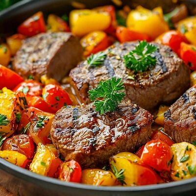 Сковородка с телятиной и овощами в Panorama по цене 650 ₽