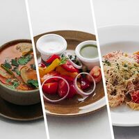 Том ям с креветками и курицей, овощной салат и паста с креветками в Мята lounge Фили