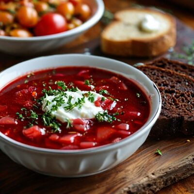 Борщ с салом, горчицей и бородинским хлебом в Park cafe по цене 390 ₽