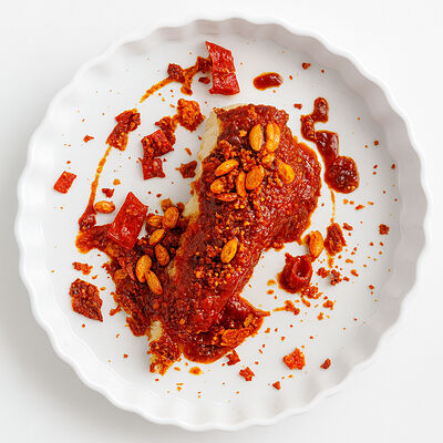 Хрустящая северная треска в соусе из печёного перца в Бибирево по цене 1100 ₽