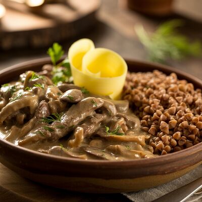 Печень по-строгановски с гречневой кашей в Фабрика-кухня ex. The Black Door по цене 15 р.