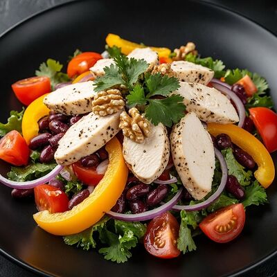 Салат из запеченной куриной грудки, овощей и грецких орехов в Бизон по цене 540 ₽