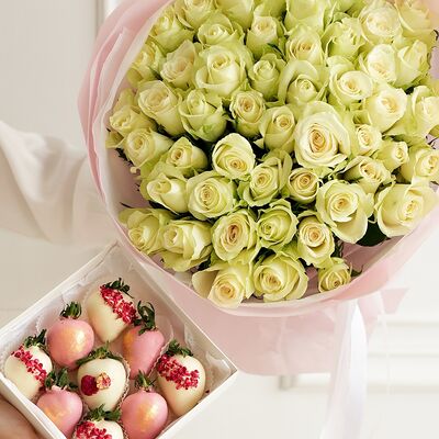 Набор клубники в шоколаде и букет из белой розы Кения №57 в SOK - клубника в шоколаде по цене 7990 ₽