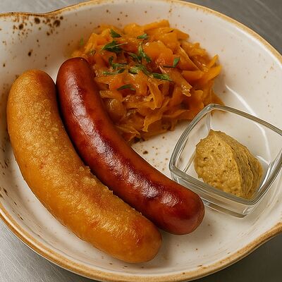 Домашние колбаски с тушеной капустой в Охота на Енота по цене 750 ₽