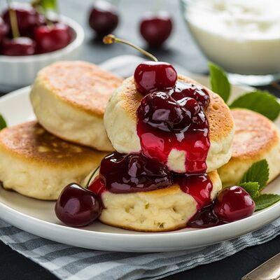 Сырники домашние со сметаной и вишневым конфитюром в Фабрика-кухня ex. The Black Door по цене 17 р.