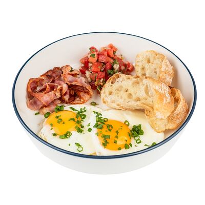 Английский завтрак из двух яиц с беконом, тартаром из томатов и чиабаттой в Ромбаба по цене 445 ₽