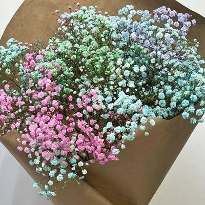 Большой букет из радужной гипсофилы в крафтовой упаковке в Cosmo Сakery по цене 4200 ₽