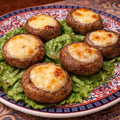 Шляпки шампиньонов с сулугуни на кеци в Тминъ по цене 480 ₽