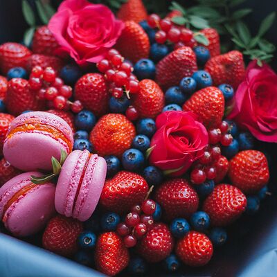 Букет с клубникой, голубикой, смородиной, макарунами и розами в Buketonline - Съедобные букеты и клубника в шоколаде по цене 6930 ₽