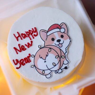 Бенто-торт на Новый год с корги и надписью Happy new yearв Miracle bakery по цене 2190 ₽