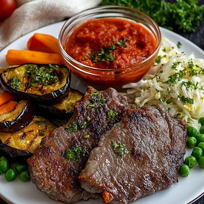 Телятина с жареными овощамив У Вольфовича по цене 950 ₽