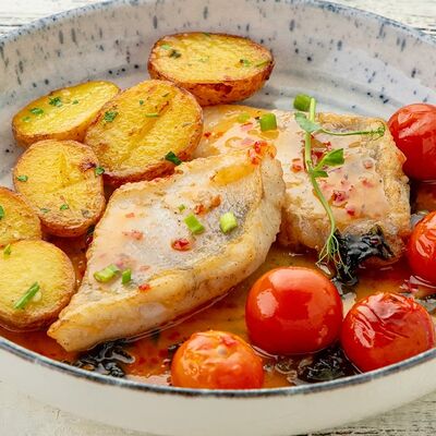 Судак в соусе сладкий чили с молодым картофелем в ароматном масле в Чили пицца по цене 900 ₽