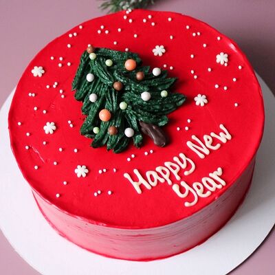 Торт на Новый год красный с елкой и надписью Happy new year в Miracle bakery по цене 3990 ₽