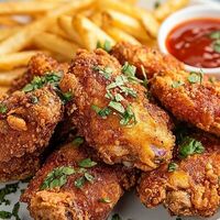 Острые куриные крылья в панировке с картофелем фри и соусом на выборв Шашлычный мир
